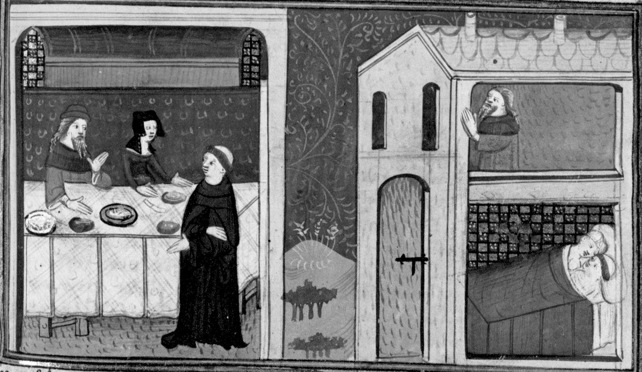 Dekameron, Don Felice meghívást kap Puccio szerzetes asztalához; Don Felice Puccio feleségével van ágyban. Harmadik nap, 4. novella alkotó: Giovanni Boccaccio