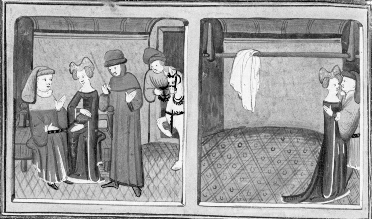Dekameron, Francesco Vergellesi megengedi Zimának, hogy beszéljen a feleségével; Zima és Francesco felesége csókot váltanak. Harmadik nap, 5. novella alkotó: Giovanni Boccaccio