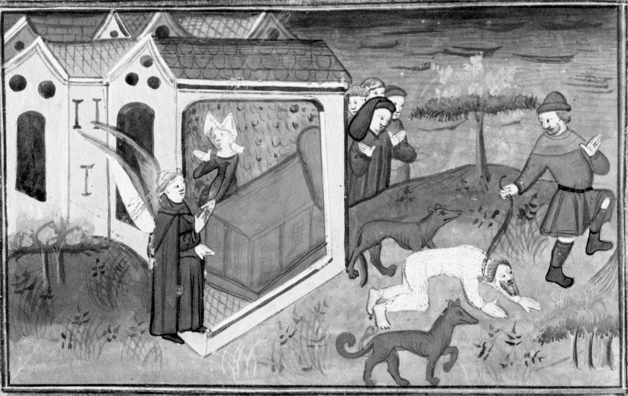 Dekameron, Alberto testvér meglátogatja Lisettát; Albertót vadembernek öltözve kiviszik az utcára. Negyedik nap, 2. novella alkotó: Giovanni Boccaccio