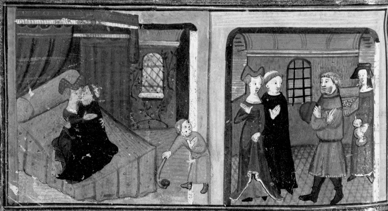 Dekameron, Rinaldo testvér lefekszik keresztfia anyjával; a testvért a gyermek apja jutalmazza. Hetedik nap, novella 3 alkotó: Giovanni Boccaccio