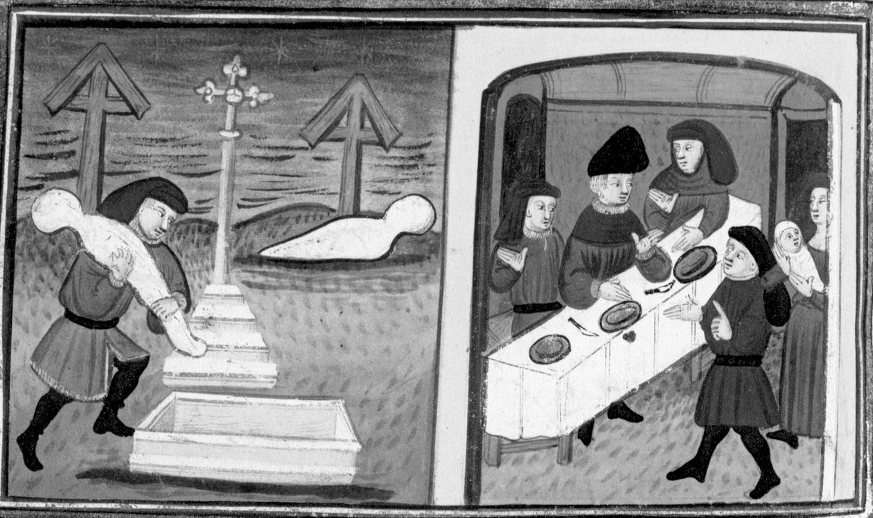 Dekameron, Gentile Carisendi megmenti Catalinát a sírból; a férfi bemutatja a nőt és fiát a vendégeknek. Tizedik nap, 4. novella alkotó: Giovanni Boccaccio