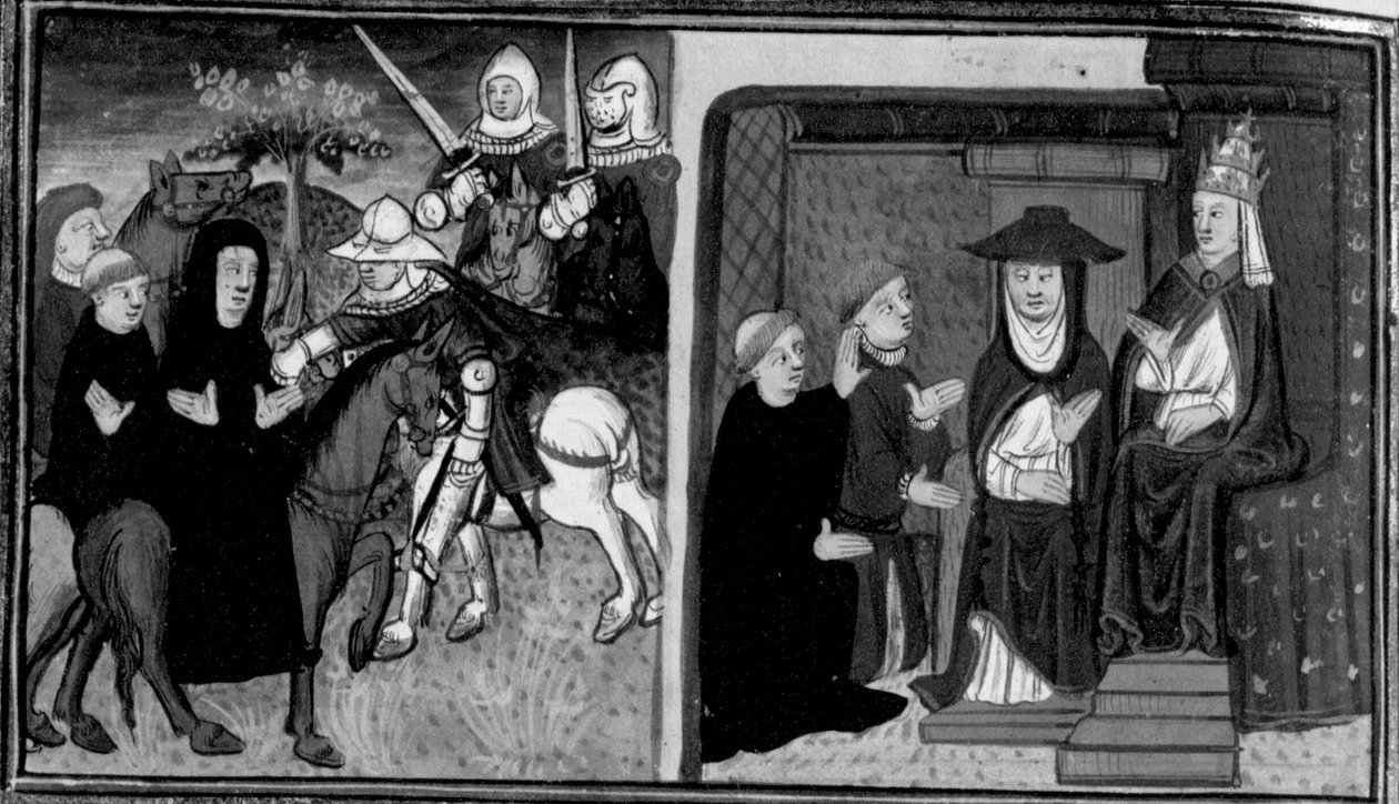 Dekameron, Ghino di Tacco elfogja Clignì apátját; az apát közbenjár Ghinóért a pápánál. Tizedik nap, 2. hír alkotó: Giovanni Boccaccio