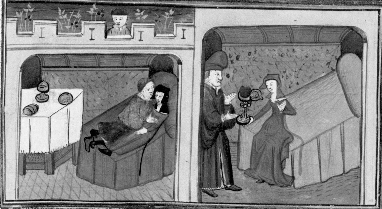 Dekameron, Ghismonda lefekszik Guiscardóval; Tancredi a lányának adja a szerelmes szívét. Negyedik nap, 1. novella alkotó: Giovanni Boccaccio