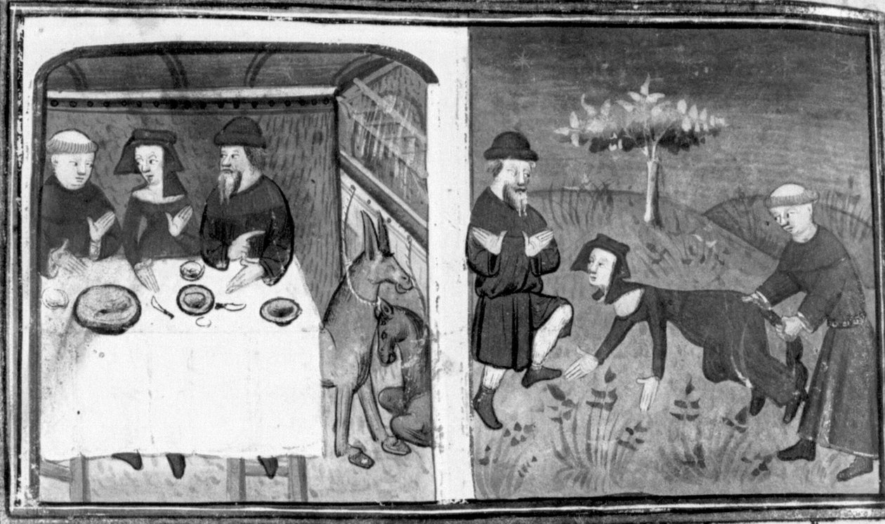 Dekameron, Gianni di Barolo az asztalnál ül Pietro da Tresantival és a feleségével; Gianni megpróbálja megkötni az asszony farkát. Kilencedik nap, 10. novella alkotó: Giovanni Boccaccio