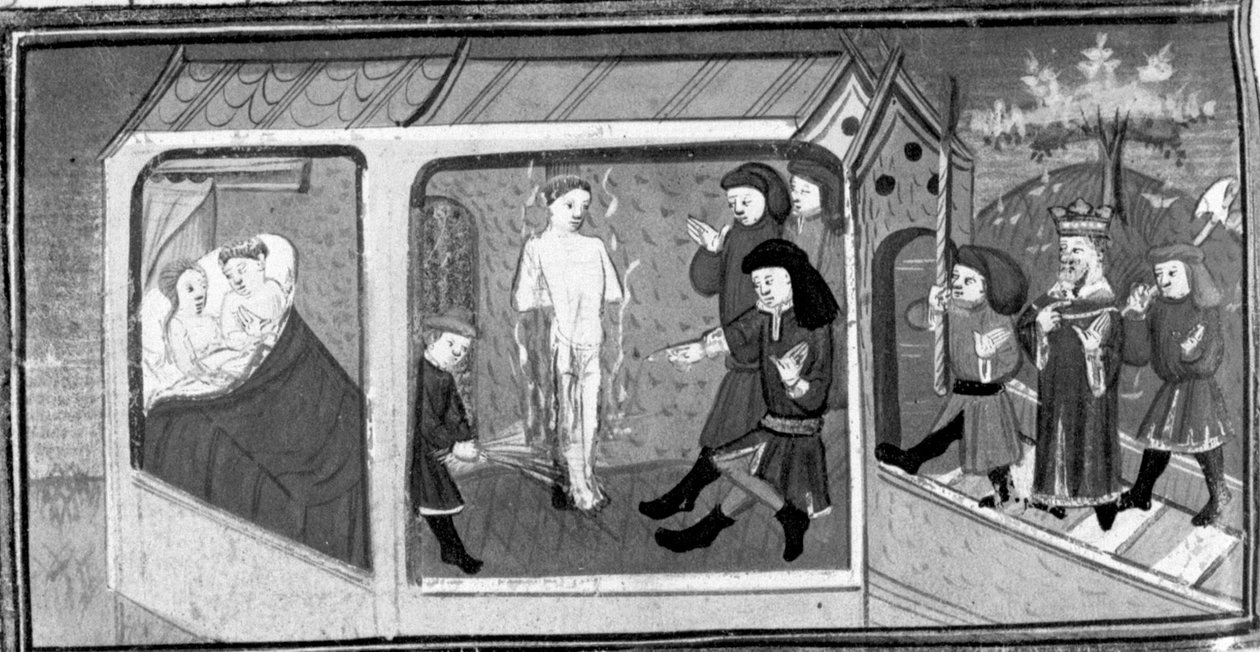 A Decameront, Gianni di Procidát és Restitutát Frederick király fedezi fel; Gianni di Procidát máglyára ítélik. 5. nap, 6. novella alkotó: Giovanni Boccaccio