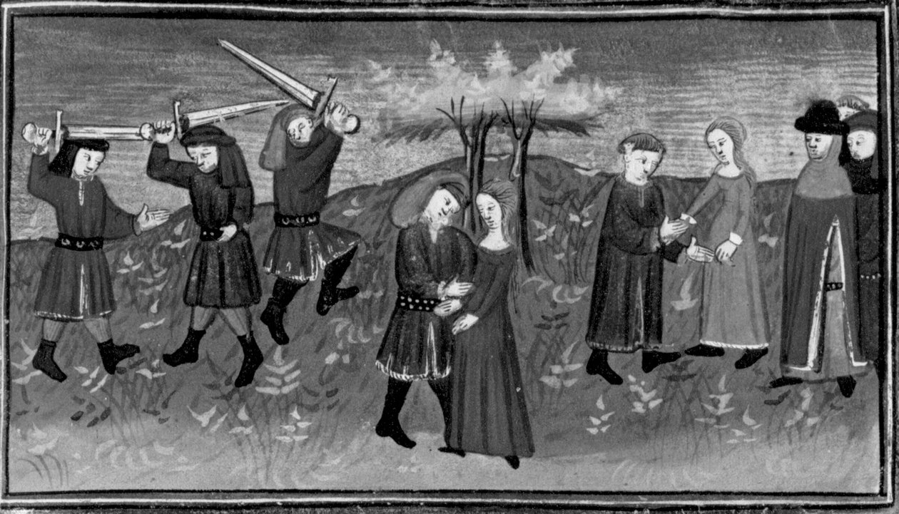 Décaméron, Giannole és Minghino megpróbálják elrabolni Agnest; Agnes feleségül megy Minghinóhoz. Ötödik nap, 5. novella alkotó: Giovanni Boccaccio