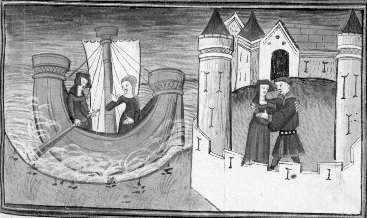 Dekameron, Gostanza sodródik egy hajón; Gostanza újra találkozik Martuccióval. Ötödik nap, 2. novella alkotó: Giovanni Boccaccio