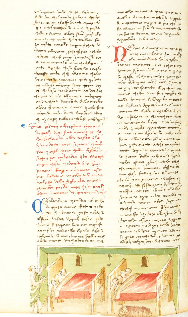 Dekameron, A kettős tévedés; Pinuccio becsapja a fogadót, Kilencedik nap, 6. novella. alkotó: Giovanni Boccaccio