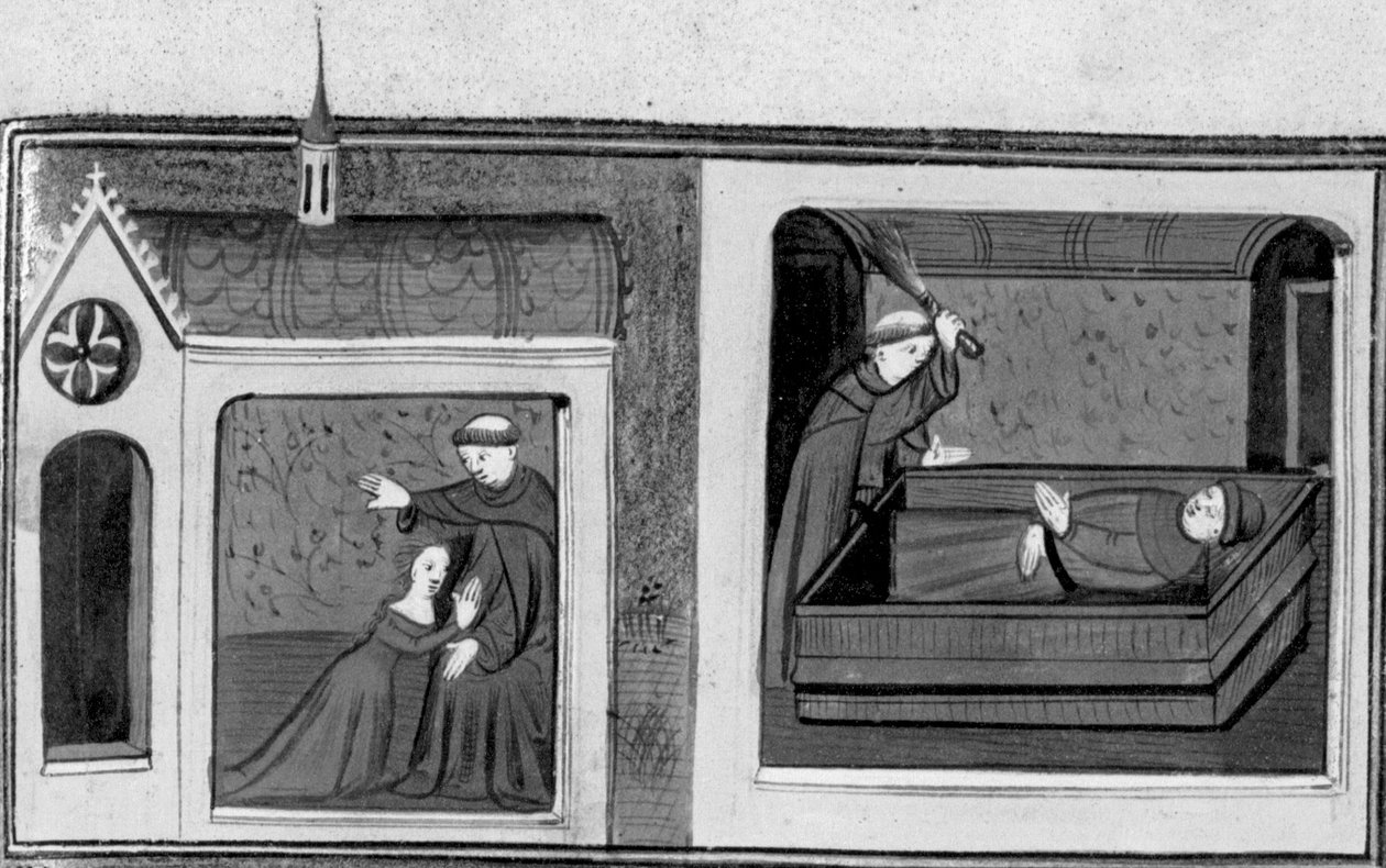 Dekameron, Ferondo felesége vallomást tesz az apátnak; az apát megbünteti Ferondót. Harmadnap, 8. novella alkotó: Giovanni Boccaccio