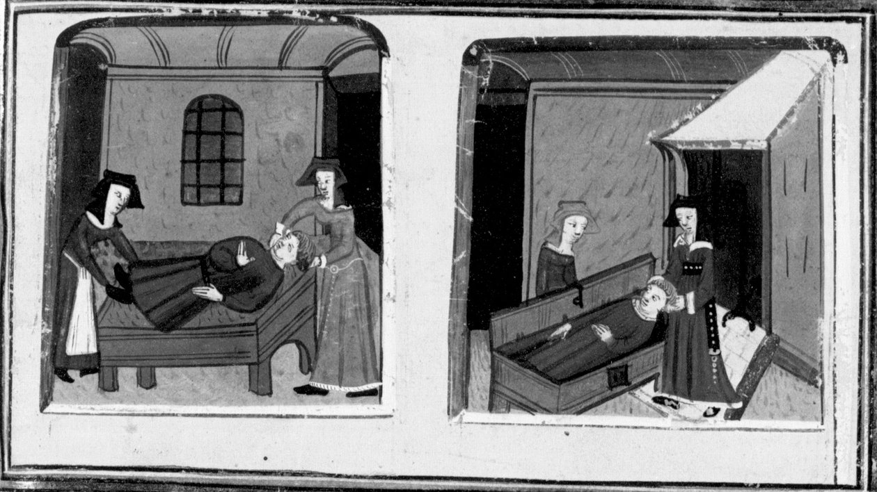 Dekameron, Mazzeo felesége azt hiszi, hogy szerelme meghalt; a nő egy ládába rejti a holttestet. Negyedik nap, 10. novella alkotó: Giovanni Boccaccio