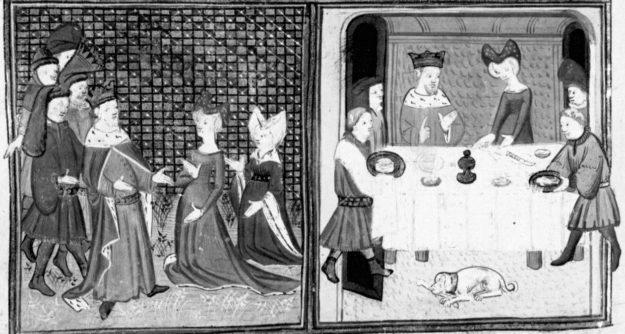 Decameron, Montferrat márkinéja fogadja Félszemű Fülöpöt; a nemesek lakomára ülnek. Első nap, új 5. alkotó: Giovanni Boccaccio