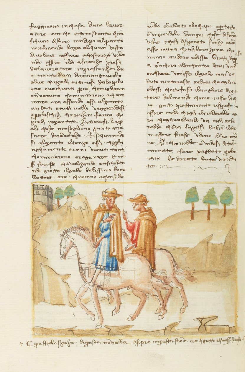 Dekameron, A serpenyő gúnyolja az üstöt - Forese da Rabatta és Giotto lovaglás, Hatodik nap, novella 5. alkotó: Giovanni Boccaccio