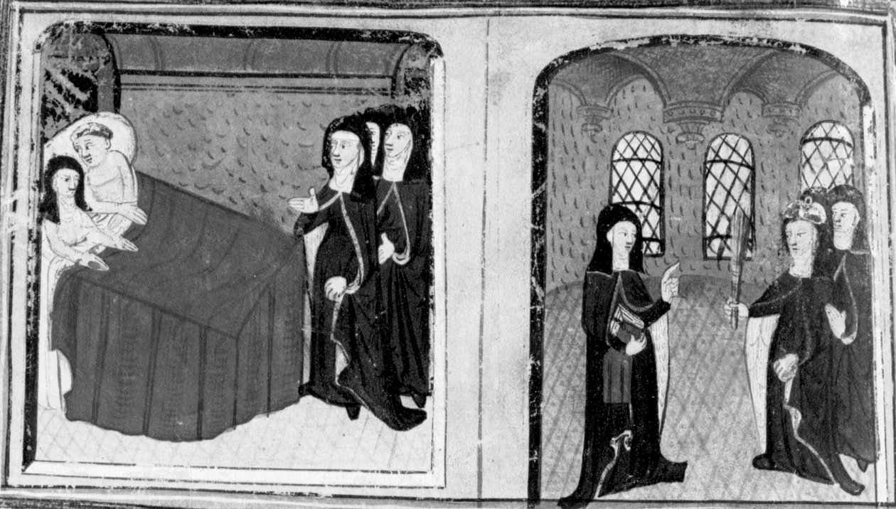 Dekameron, Isabella apácát rajtakapják egy szeretővel az ágyban; az apátnő leszidja Isabellát. Kilencedik nap, novella 2 alkotó: Giovanni Boccaccio