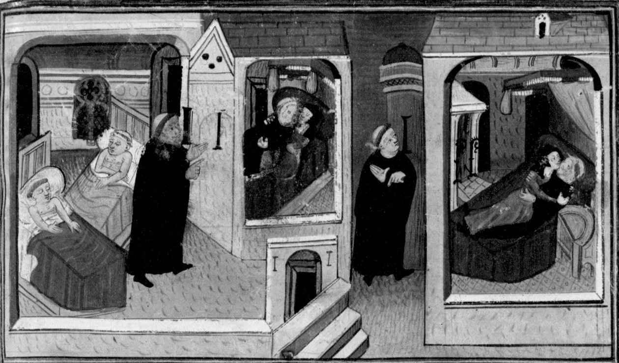 Decameron, Az apát kémkedik a szerzetes után a cellájában; a szerzetes pedig kémkedik az apát után. Első nap, 4. hír. alkotó: Giovanni Boccaccio