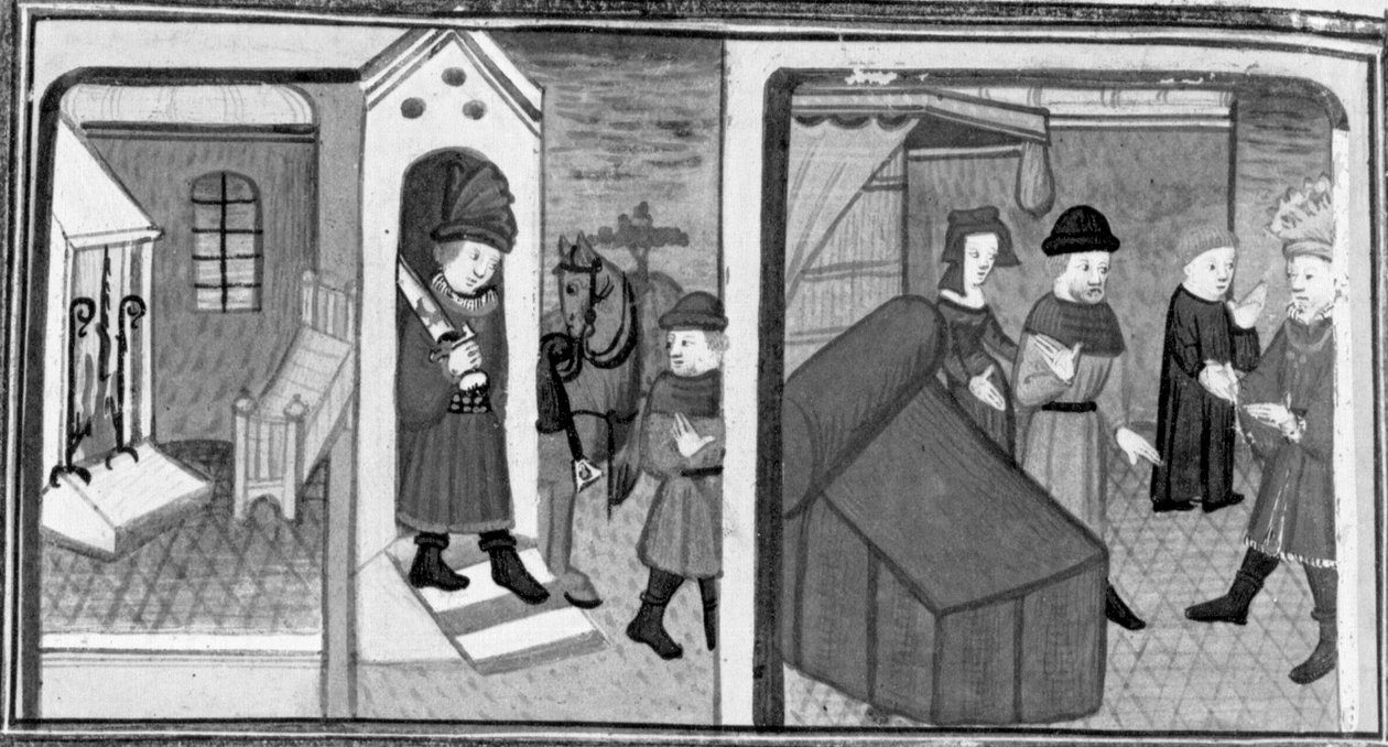 Dekameron, Lambertuccio lovag megszökik Izabella szobájából; a nő férje a szobában találja meg a szeretőt . Hetedik nap, novella 6 alkotó: Giovanni Boccaccio