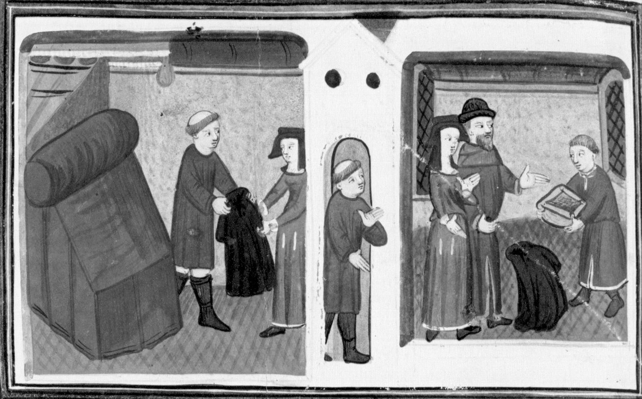 Dekameron, A varlungói plébános zálogba adja a kabátját Madame Belcolore-nak; egy klerikus mozsarat ad az asszonynak. Nyolcadik nap, novella 2 alkotó: Giovanni Boccaccio