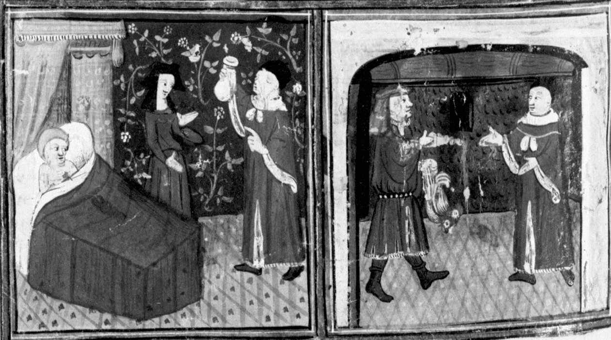 Dekameron, Simone az orvos adja Calandrinónak az infúziót; Calandrino fizet az orvosnak. Kilencedik nap, 3. novella alkotó: Giovanni Boccaccio