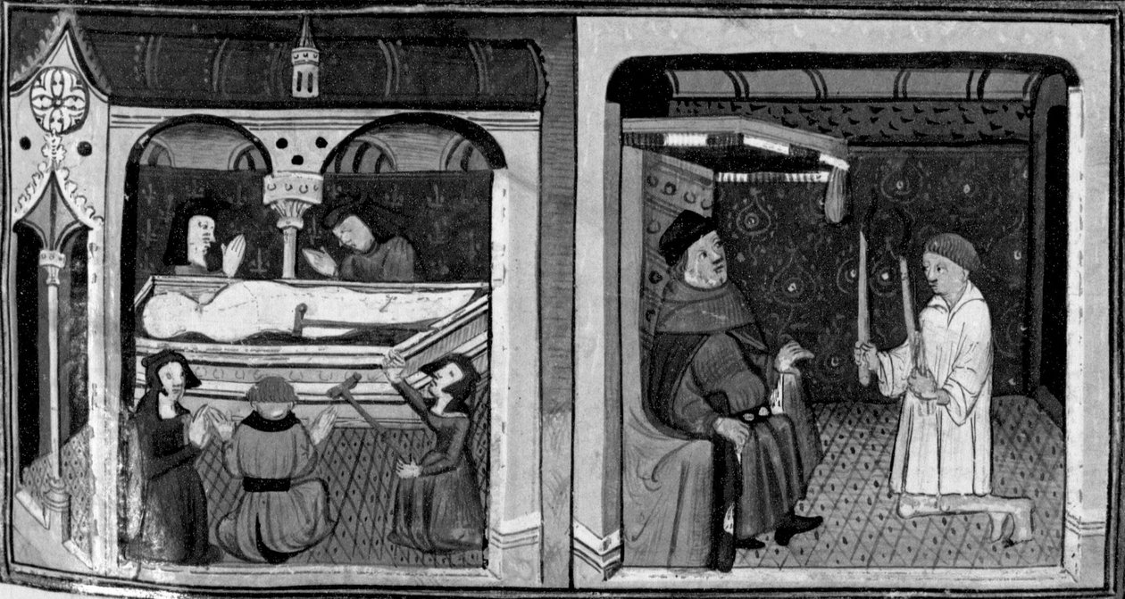 Dekameron, A nyomorékok és szenvedők egy szent sírjához mennek; Martellino megjelenik a bíróságon. Második nap, 1. novella alkotó: Giovanni Boccaccio