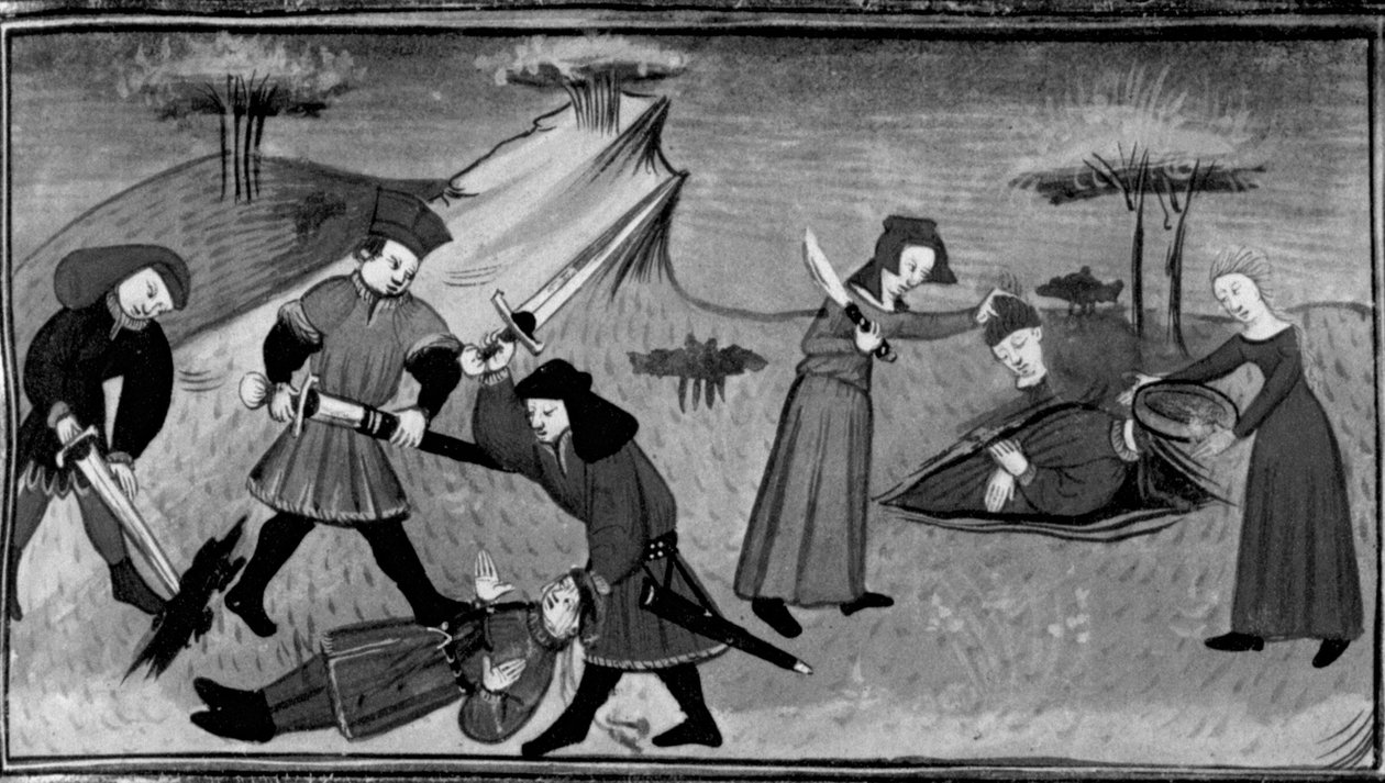 Dekameron, Lorenzót Lisabetta testvérei megölik; Lisabetta egy vázába rejti szerelme fejét. Negyedik nap, 5. novella alkotó: Giovanni Boccaccio
