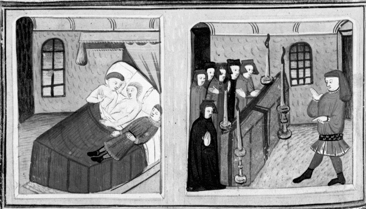 Dekameron, Lorenzót Lisabetta testvérei megölik; Lisabetta egy vázába rejti szerelme fejét. Negyedik nap, 8. novella alkotó: Giovanni Boccaccio