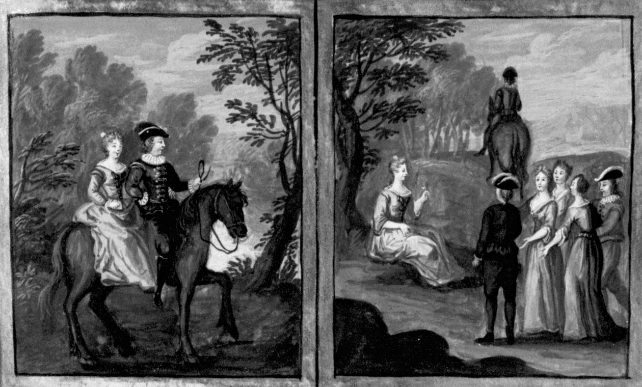 Dekameron, Madame Oretta beleegyezik, hogy lovagoljon egy lovassal; Oretta leszáll. Hatodik nap, 1. novella alkotó: Giovanni Boccaccio