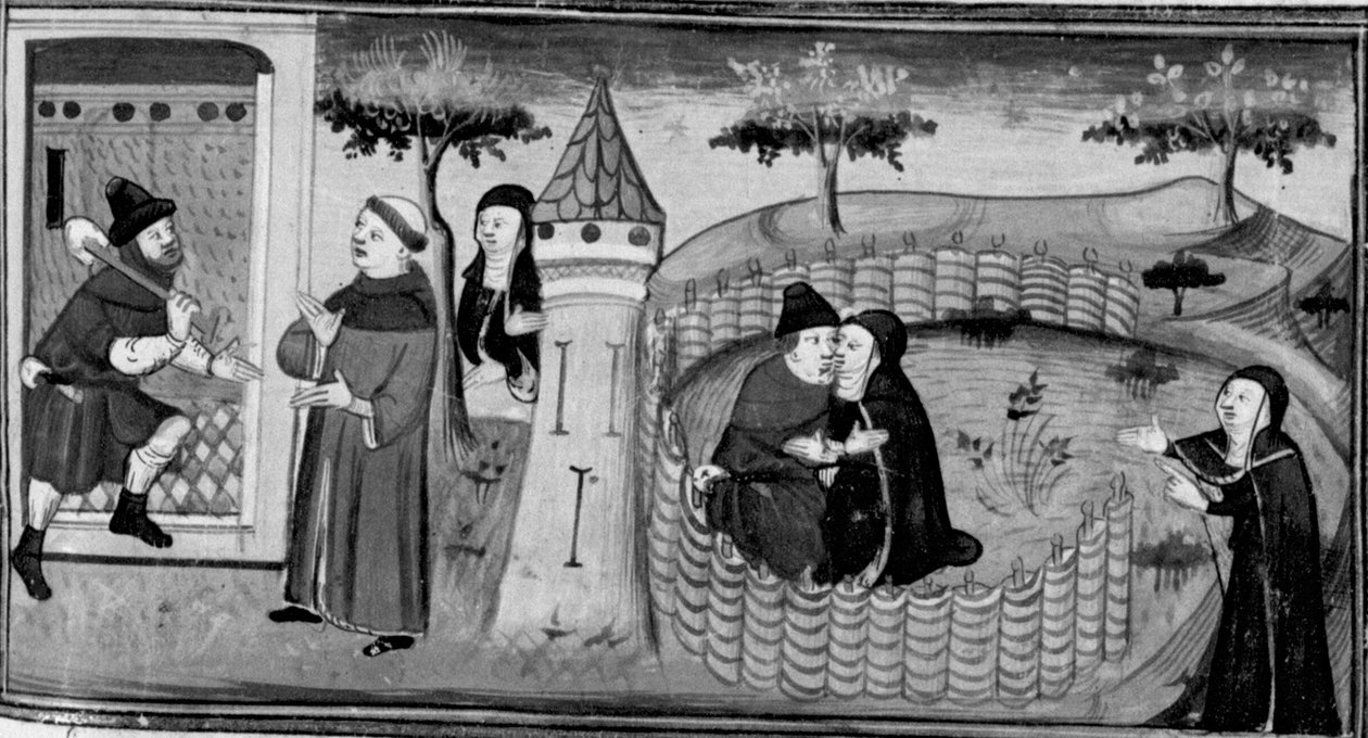 Dekameron, Masetto engedélyt kér az őrzőtől, hogy beléphessen a zárdába; Masetto megcsókol egy apácát. Harmadik nap, 1. novella alkotó: Giovanni Boccaccio