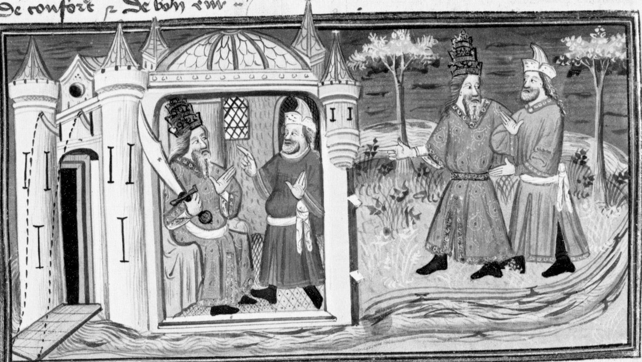 Dekameron, Melkizedek elmondja Szaladinnak a három gyűrű példázatát; a két férfi összebarátkozik. Első nap, 3. novella. alkotó: Giovanni Boccaccio