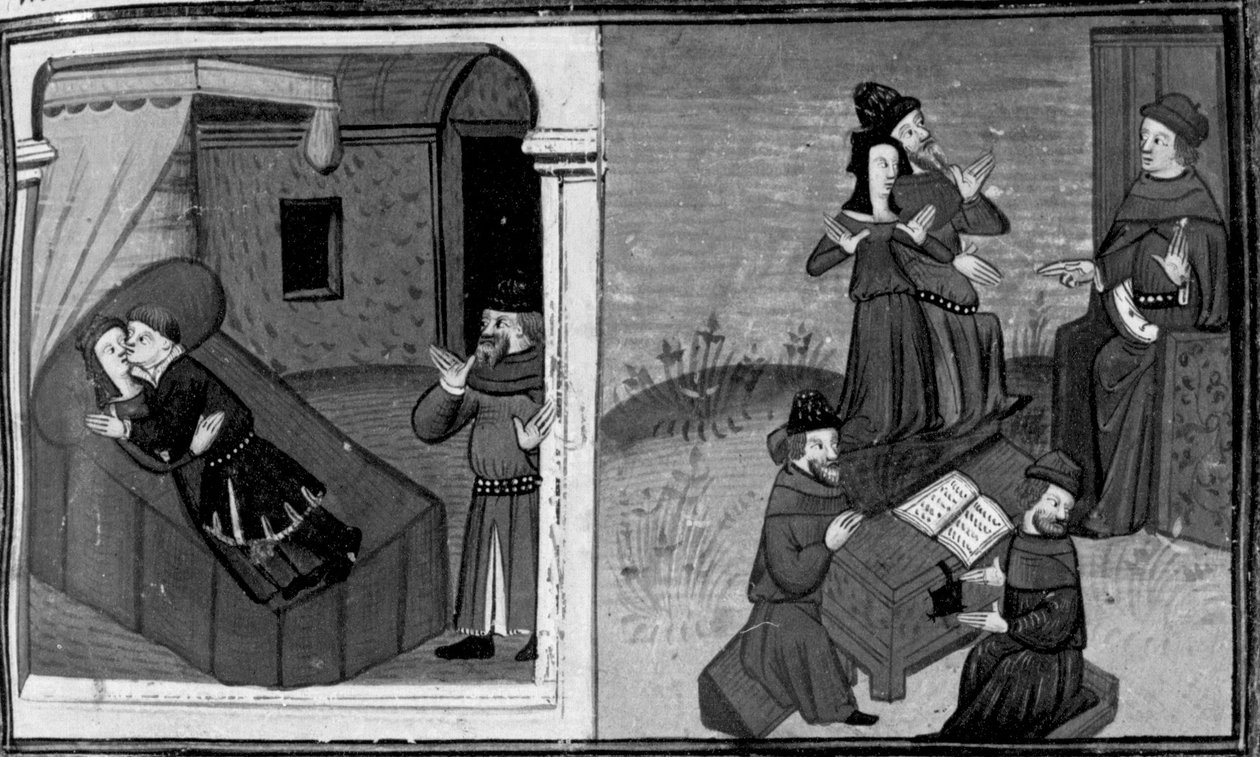 Dekameron, Philippát a férje fedezi fel házasságtörés közben; a feleség védekezik a bíró előtt . Hatodik nap, novella 7 alkotó: Giovanni Boccaccio