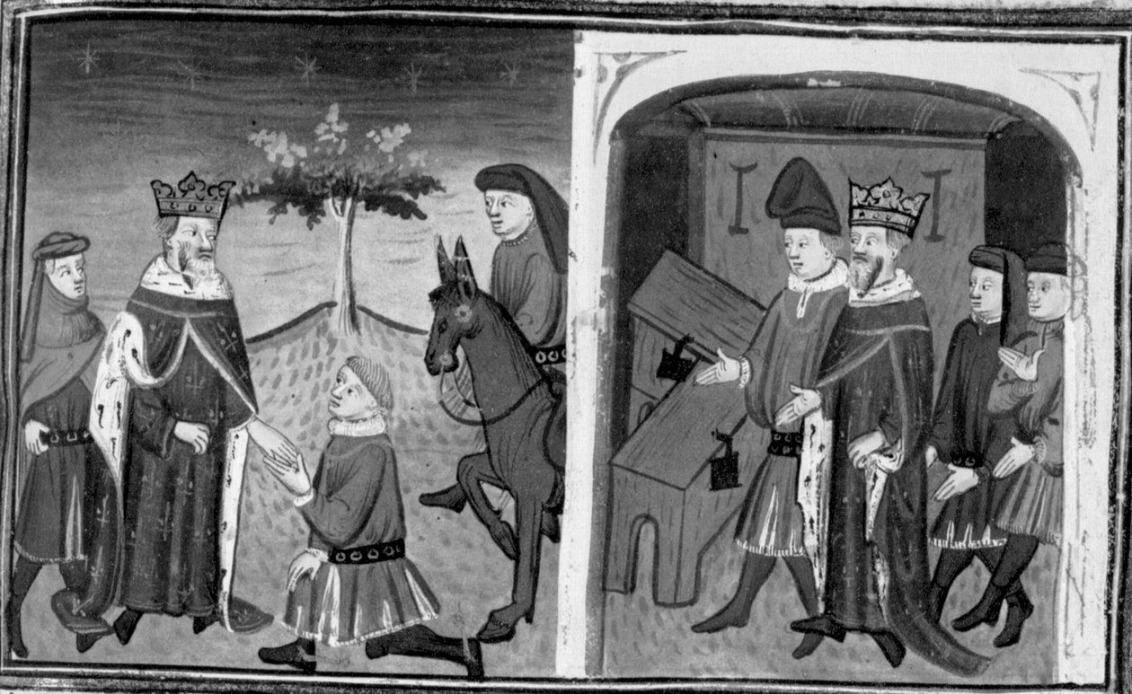 Dekameron, Ruggieri elhagyja Alfonz királyt; a király felkéri Ruggierit, hogy válasszon két láda közül. Tizedik nap, 1. novella alkotó: Giovanni Boccaccio