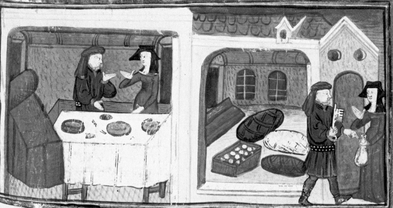 Dekameron, Salabaetto az asztalnál ül Iancofiore-val; Salabaetto átadja neki a raktár kulcsát. Nyolcadik nap, 10. hír alkotó: Giovanni Boccaccio