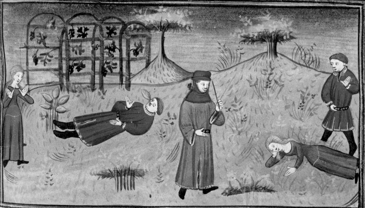 Dekameron, Simona gyászolja Pasquino halálát; Simona holtan esik össze a bíró előtt. Negyedik nap, 7. novella alkotó: Giovanni Boccaccio