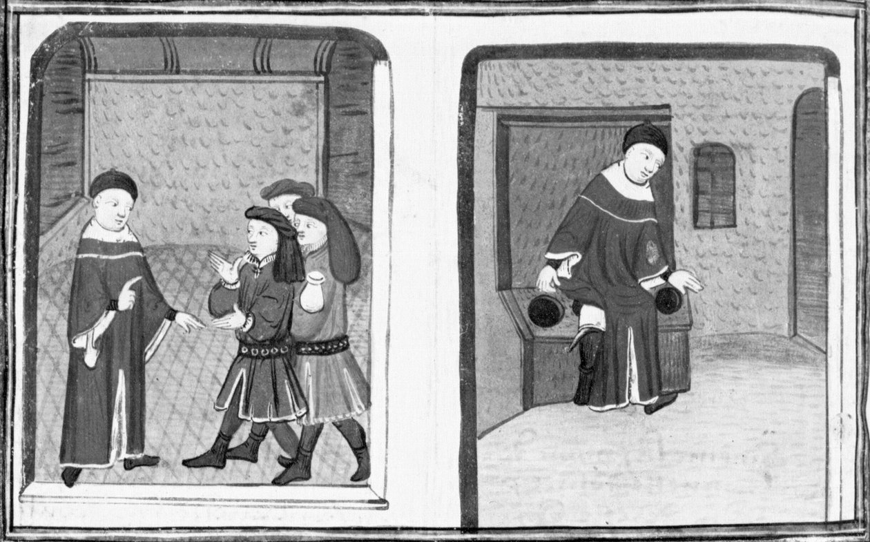 Dekameron, Simone da Villa beszélget Brunóval és Buffalmaccóval; a mester beleesik egy latrinába. Nyolcadik nap, 9. hír alkotó: Giovanni Boccaccio