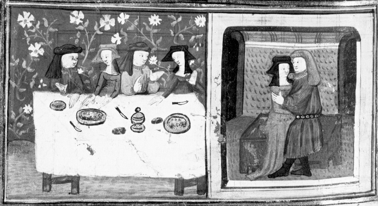Dekameron, Spinelloccio és Zeppa asztalhoz ülnek a feleségeikkel; Zeppa megcsókolja Spinelloccio feleségét. Nyolcadik nap, 8. novella alkotó: Giovanni Boccaccio