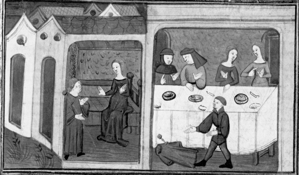 Dekameron, Tedaldo beszélget Ermeline-nel; Tedaldo felfedi kilétét. Harmadik nap, 7. hír alkotó: Giovanni Boccaccio