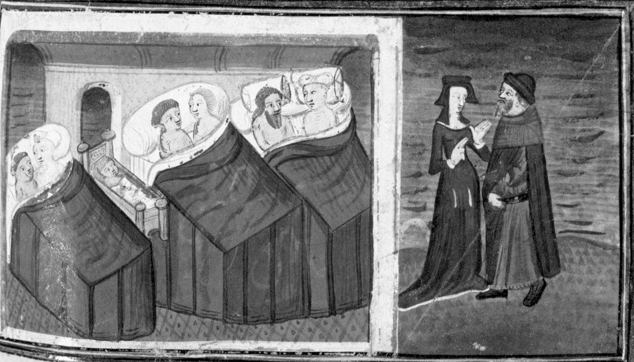 Dekameron, Három pár alszik egy szobában; a fogadós beszélget a feleségével. Kilencedik nap, 6. novella alkotó: Giovanni Boccaccio