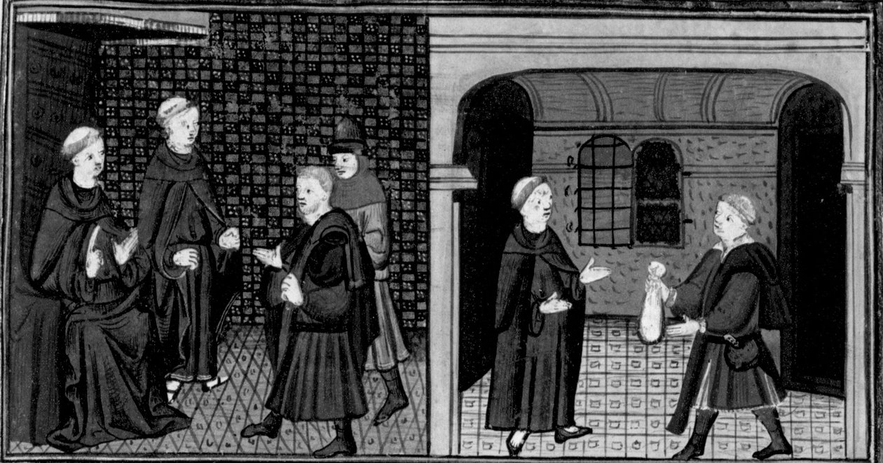 Dekameron, Egy inkvizítor kikérdez egy embert; a férfi pénzt ad az inkvizítornak. Első nap, 6. hír. alkotó: Giovanni Boccaccio