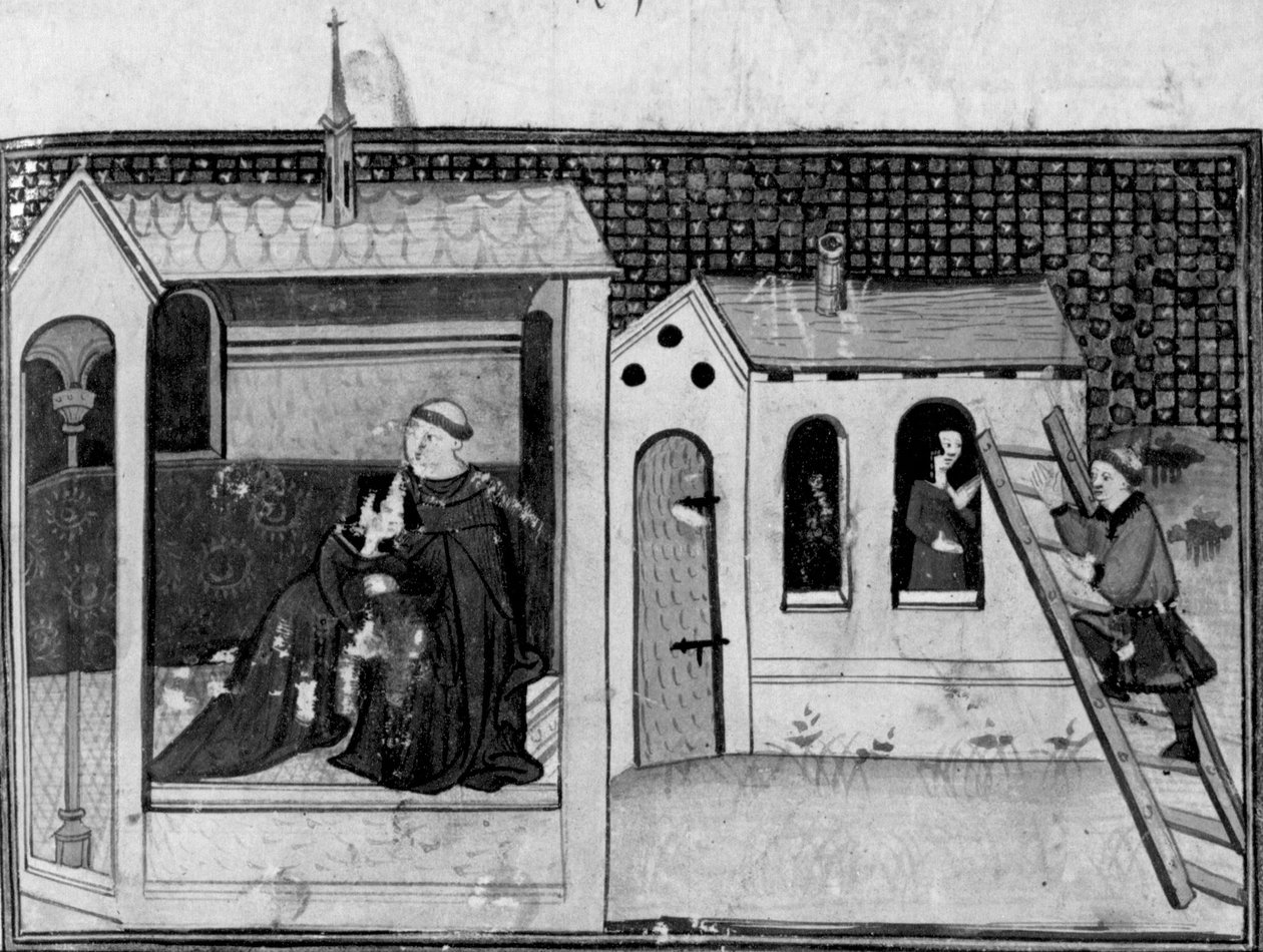 Dekameron, Egy nő templomba megy gyónni; egy fiatalember meglátogatja a nőt. Harmadnap, 3. novella alkotó: Giovanni Boccaccio
