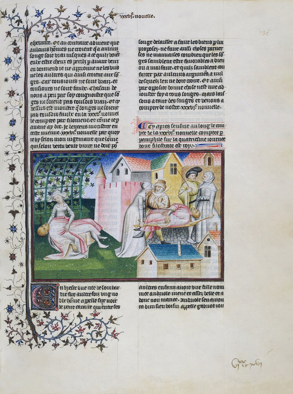 Gabriotto Andreuola karjában hal meg, Andreuola hazahozza a holttestét és letartóztatják, Andreuolát ártatlannak nyilvánítják, és apácává válik, Giovanni Boccaccio (1313-1375) A Dekameron, Negyedik nap, Hatodik mese miniatűrje. alkotó: Giovanni Boccaccio