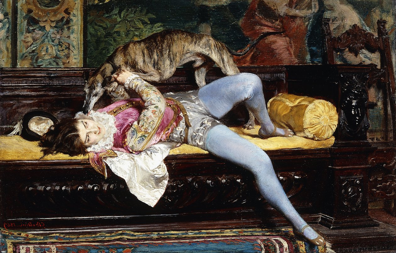 Egy fiatal oldal, játék agárral; Egy fiatal oldal, Játék agárral, 1869 alkotó: Giovanni Boldini
