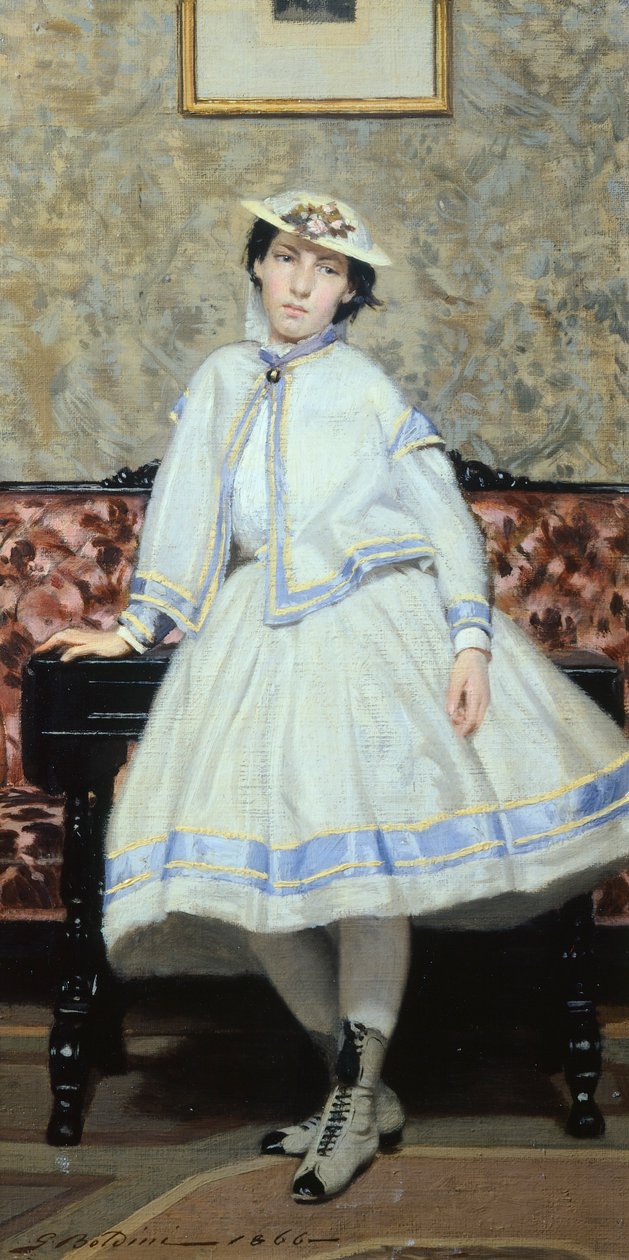 Alaide Banti fehérben, Giovanni Boldini (1842-1931), olaj, vászon, 42x23 cm alkotó: Giovanni Boldini