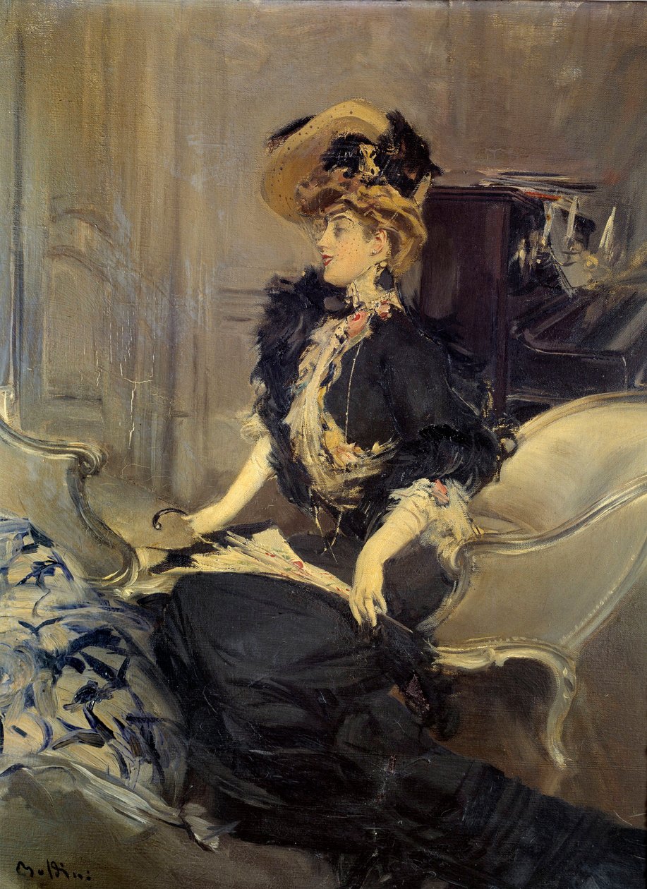 Belle Epoque: "" A látogatás"" Elegáns fiatal nő estélyi ruhában. Giovanni Boldini festménye alkotó: Giovanni Boldini