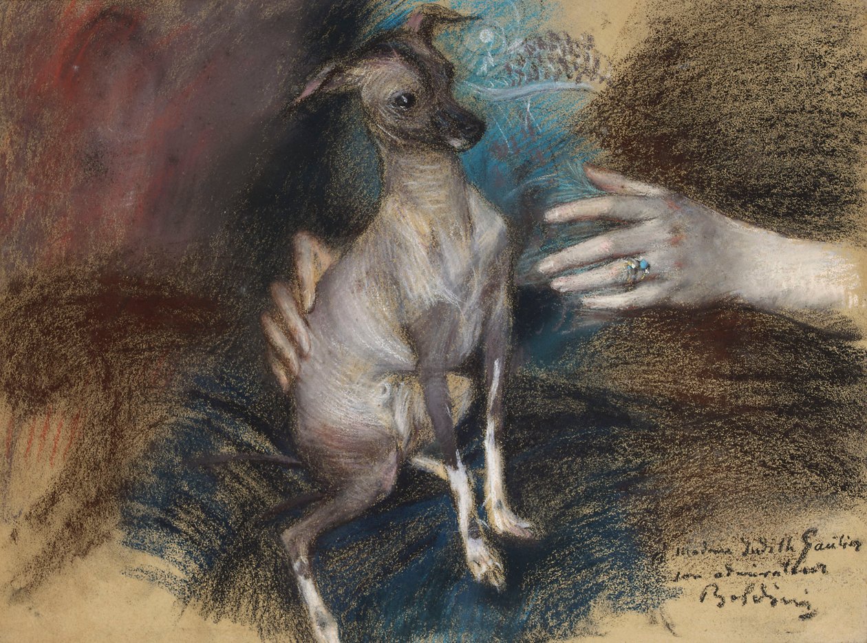 Elegáns hölgy kutyával (pasztell és szén, papíron) alkotó: Giovanni Boldini