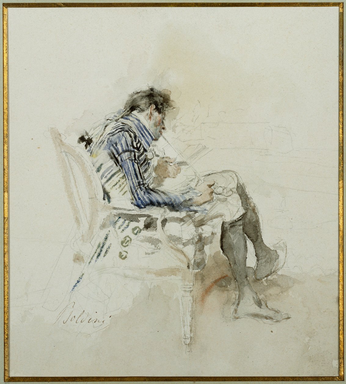Egy karosszékben ülő úriember, könyvet olvas és pipázik alkotó: Giovanni Boldini