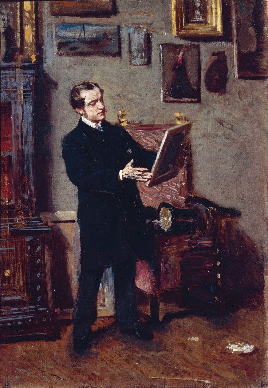 Olaszország, Firenze, fiatal férfi nézi a festményt alkotó: Giovanni Boldini