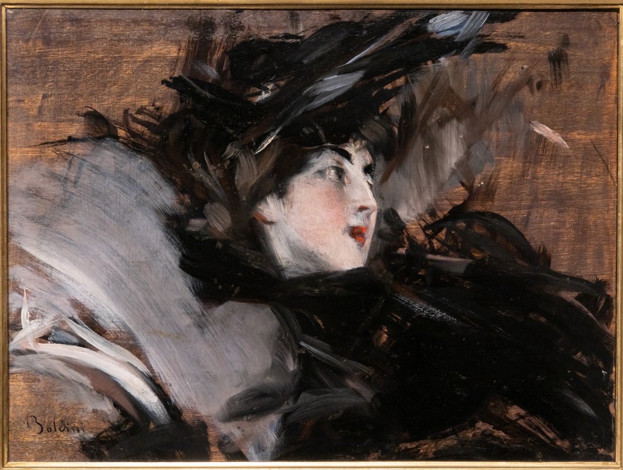 Motorháztetőt viselő hölgy alkotó: Giovanni Boldini