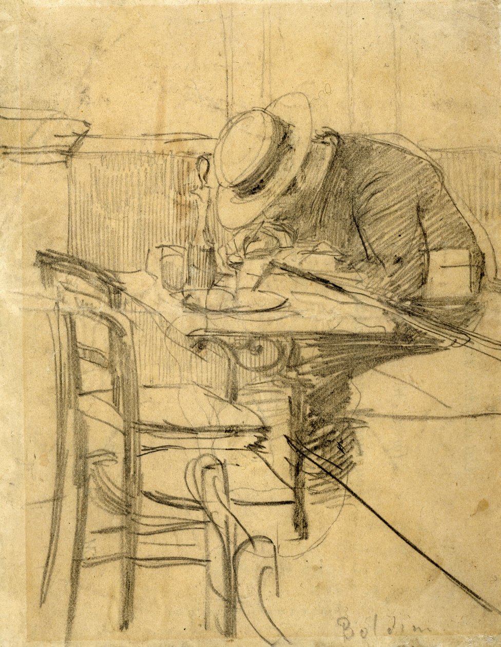 Helleu festő egy kávéházi teraszon ülve alkotó: Giovanni Boldini