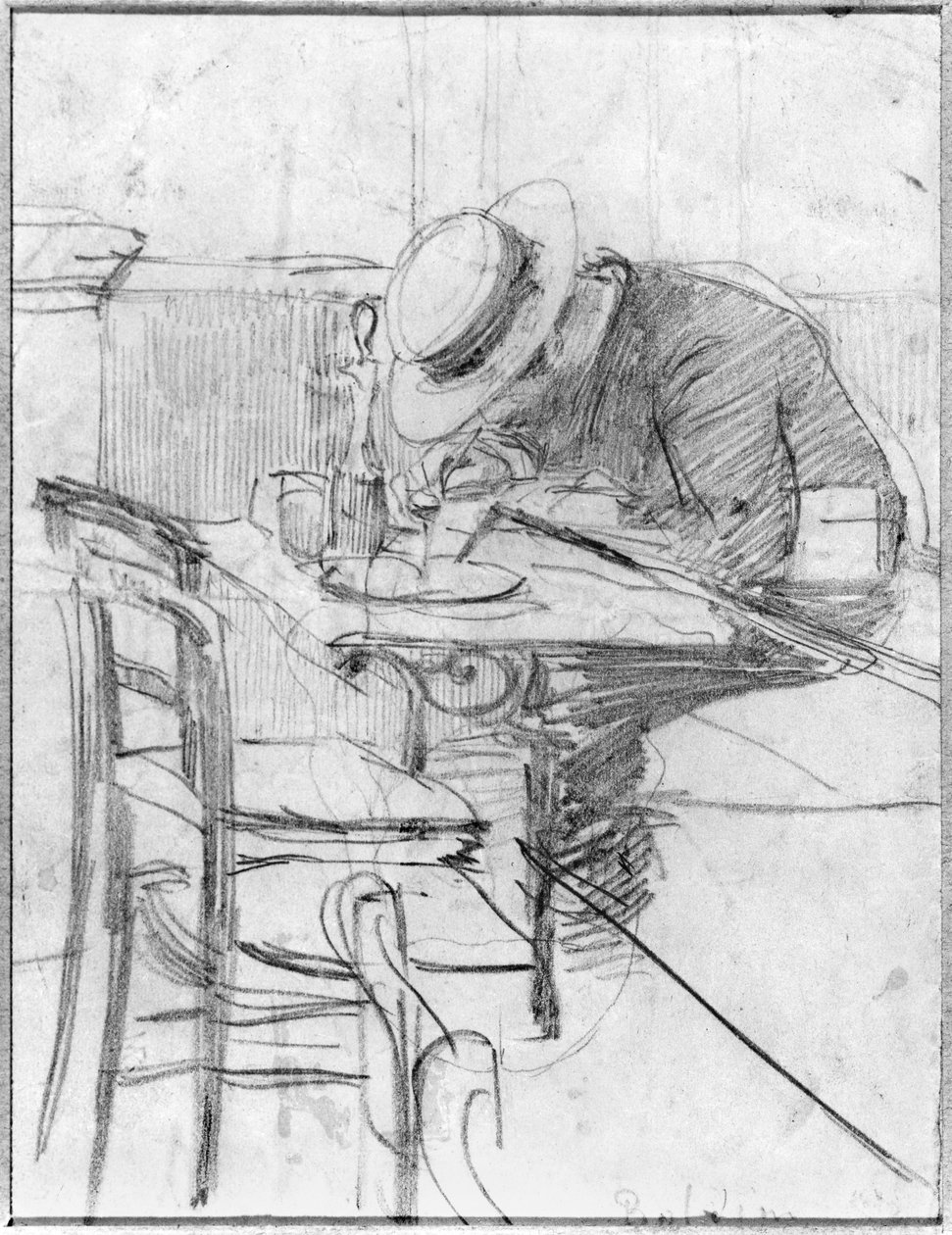 Paul Cesar Helleu egy kávézó asztalánál alkotó: Giovanni Boldini
