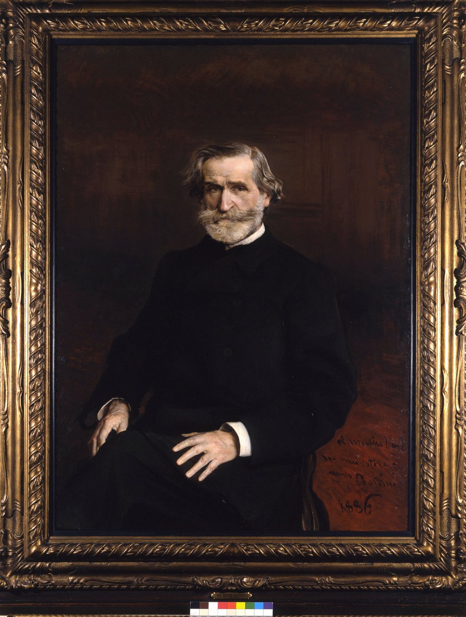 Giuseppe Verdi (1813 - 1901), olasz zeneszerző, Giuseppe Boldini portréja. G. Verdi zenészek nyugdíjas otthona alkotó: Giovanni Boldini