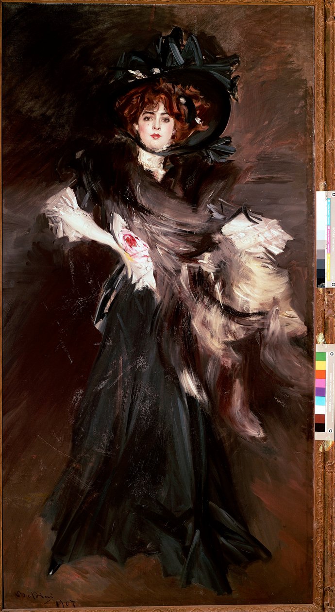 Mademoiselle Lantelme portréja Fiatal nő ruha fekete divat Belle Epoque. Giovanni Boldini (1842-1931) festménye 1907 V. 227x118 cm Róma, Galleria Nazionale d