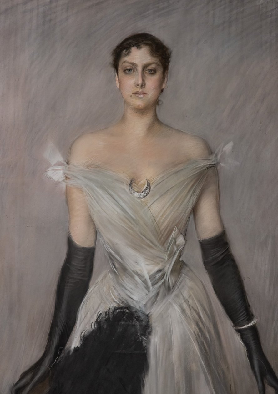 Fehér ruhás hölgy portréja, kesztyűvel és legyezővel, részlet alkotó: Giovanni Boldini
